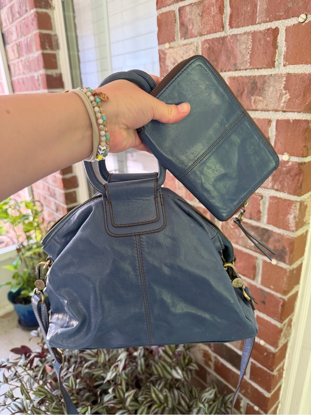 Vintage Hobo Sheila Satchel with Matching Wallet in Polished Dusty Blue